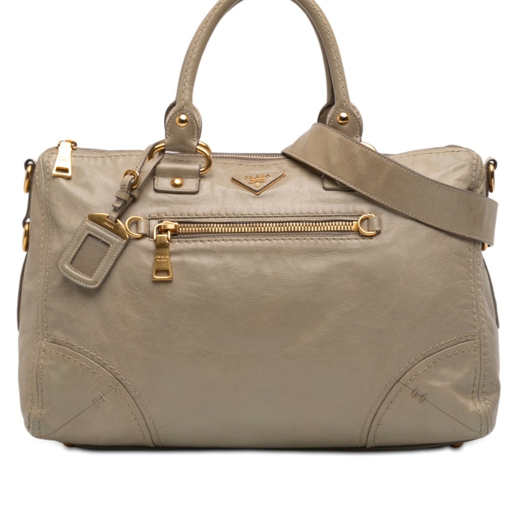 ✨PRADA✨Vitella Satchel Large Calf Leather Tote Soft Metallic Gold